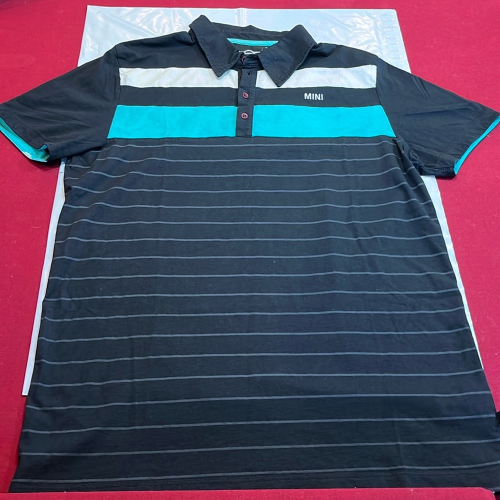 Mini Cooper BLACK Polo Shirt GRAY STRIPES Aqua white wide stripes COTTON mens Lg